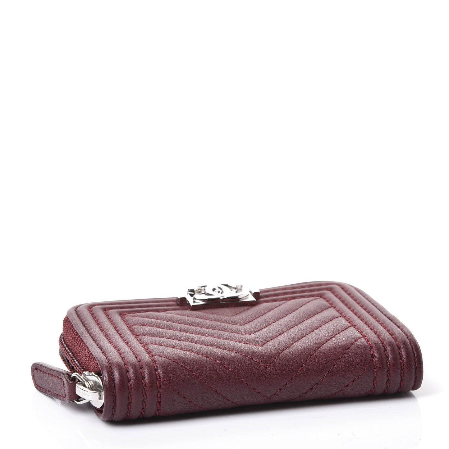 Lambskin Chevron Quilted Boy Zip Around Coin Purse Wallet Burgundy