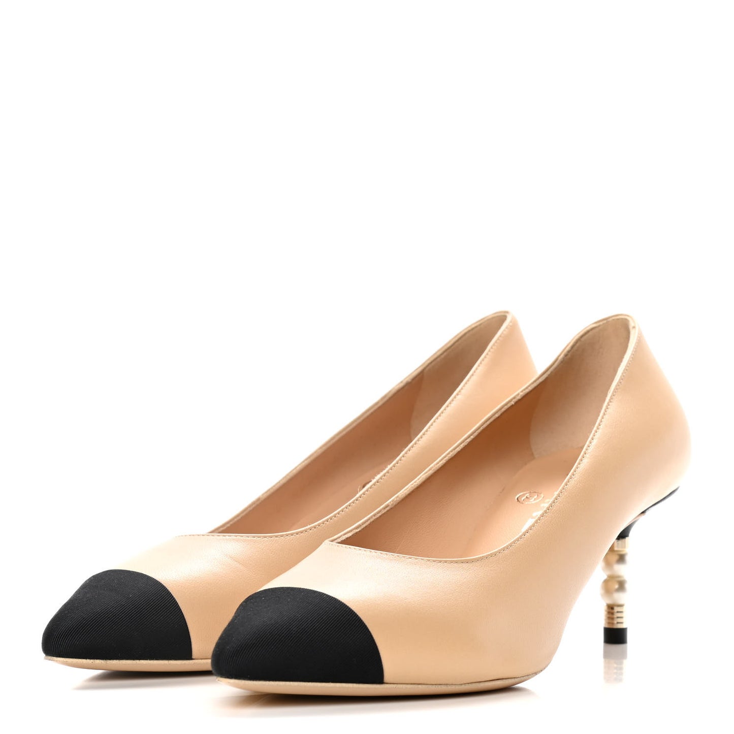 Lambskin Grosgrain Cap Toe CC Pearl Pumps 36.5 Beige Black