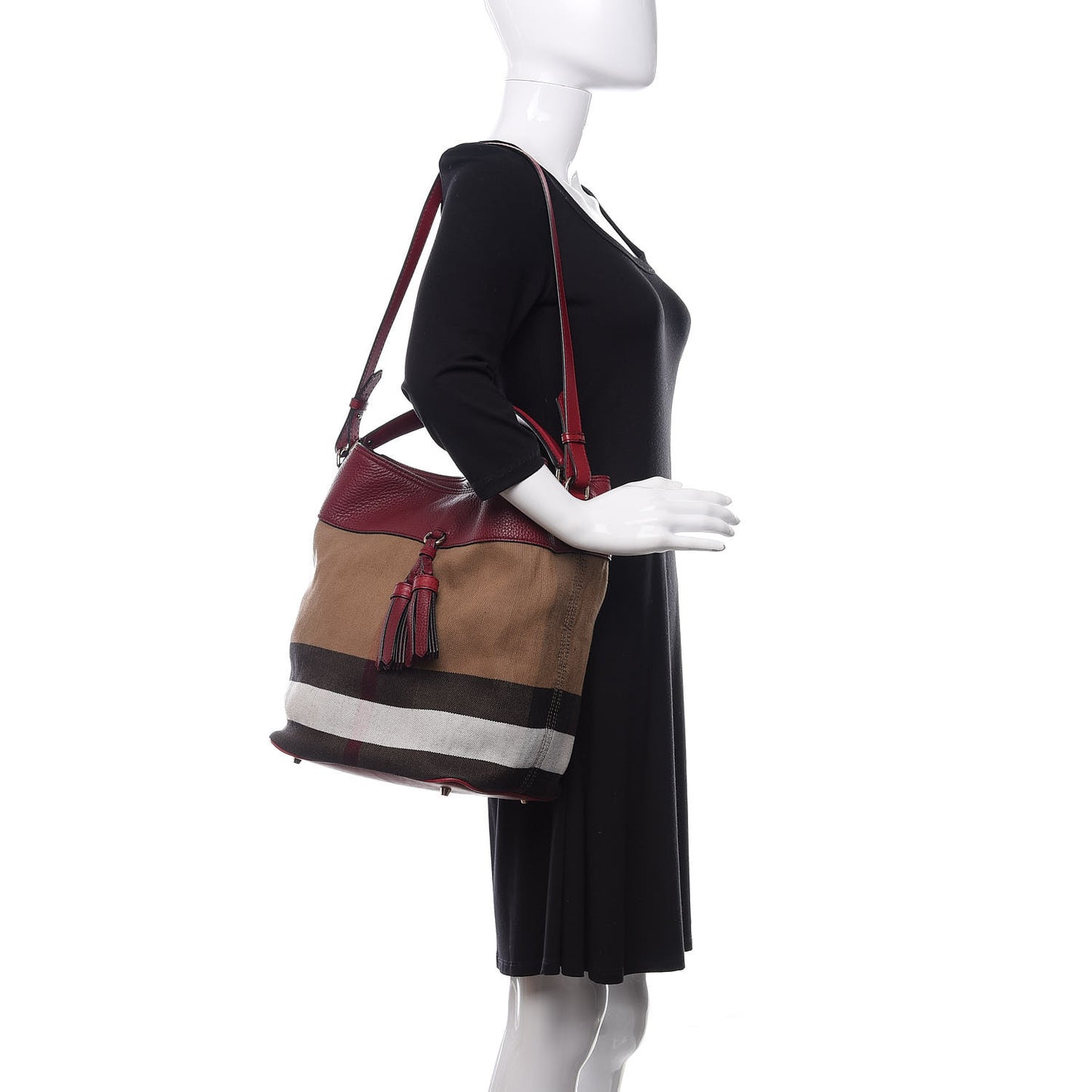 Grainy Calfskin Canvas Mega Check Medium Ashby Tassel Hobo Burgundy Red