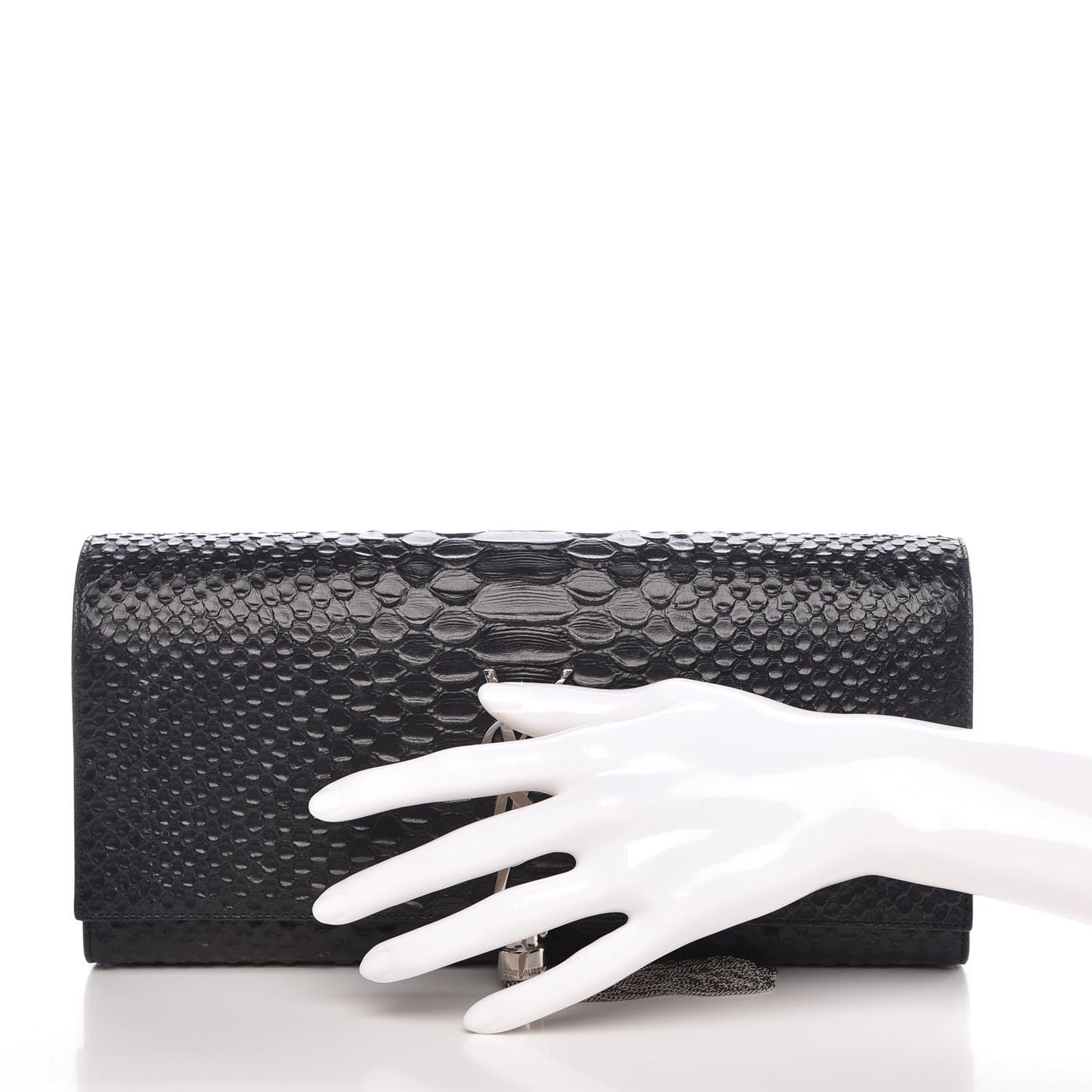 Python Calfskin Embossed Classic Monogram Tassel Clutch Black