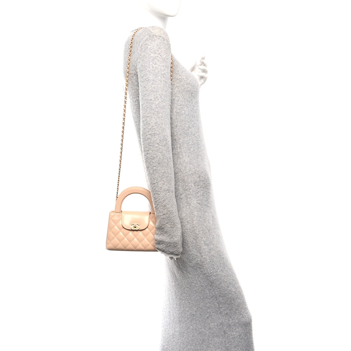 Shiny Aged Calfskin Quilted Nano Kelly Shopper Beige