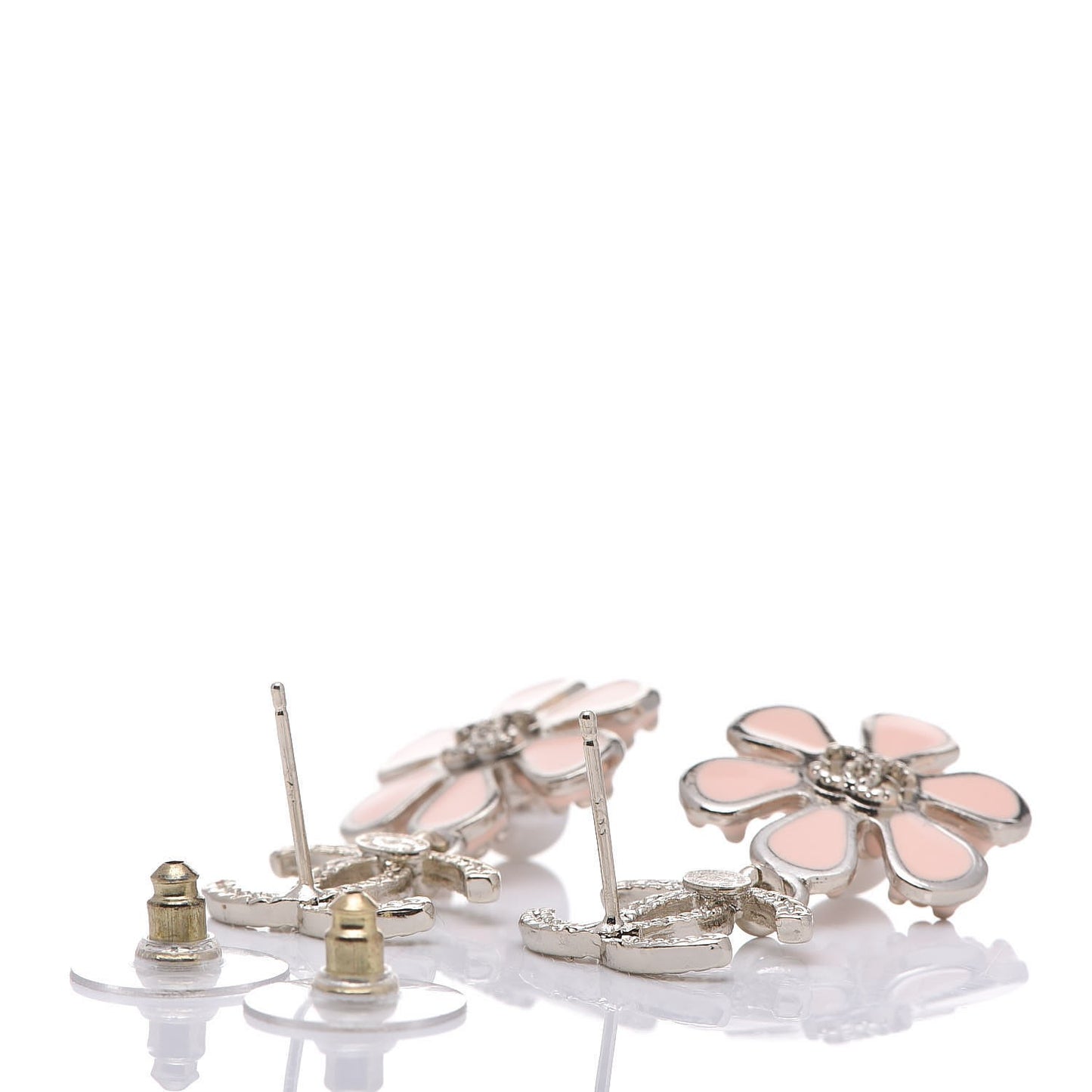 Metal Resin Diamante CC Flower Earrings Gold Beige