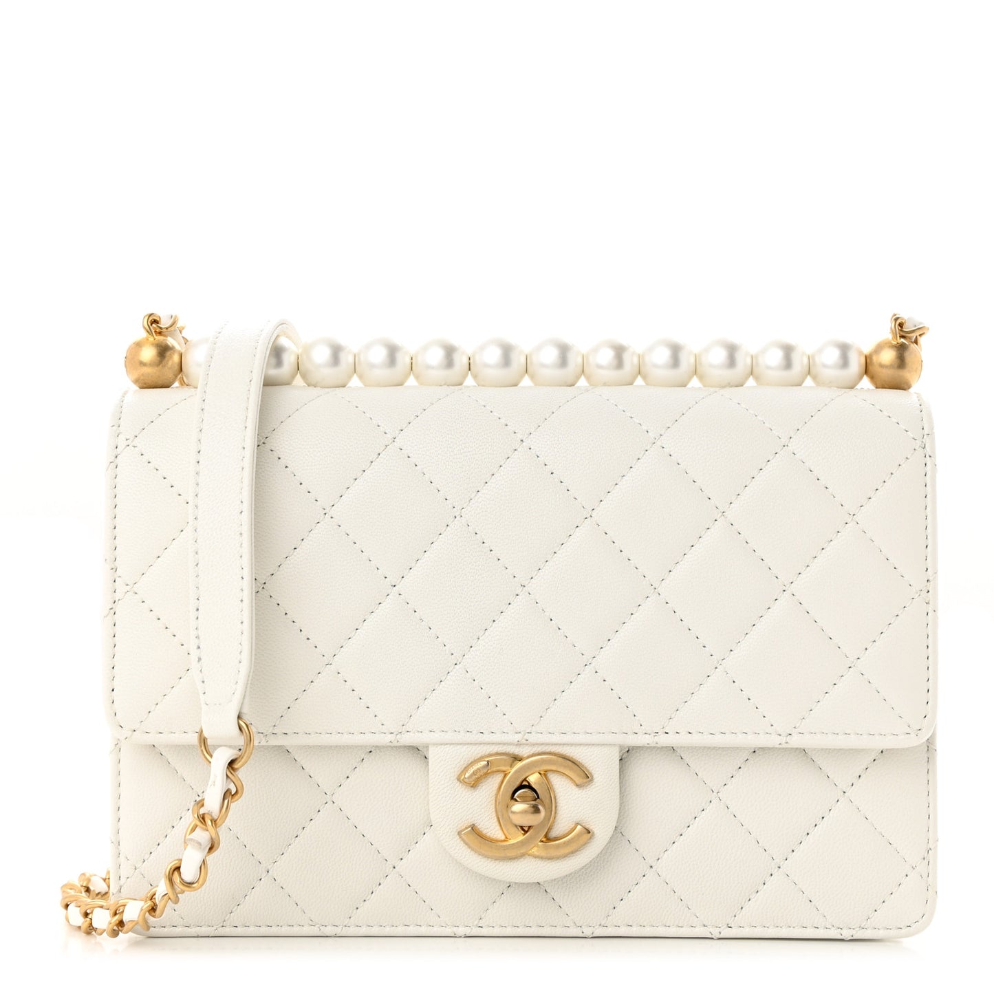Lambskin Quilted Small Chic Pearls Flap White