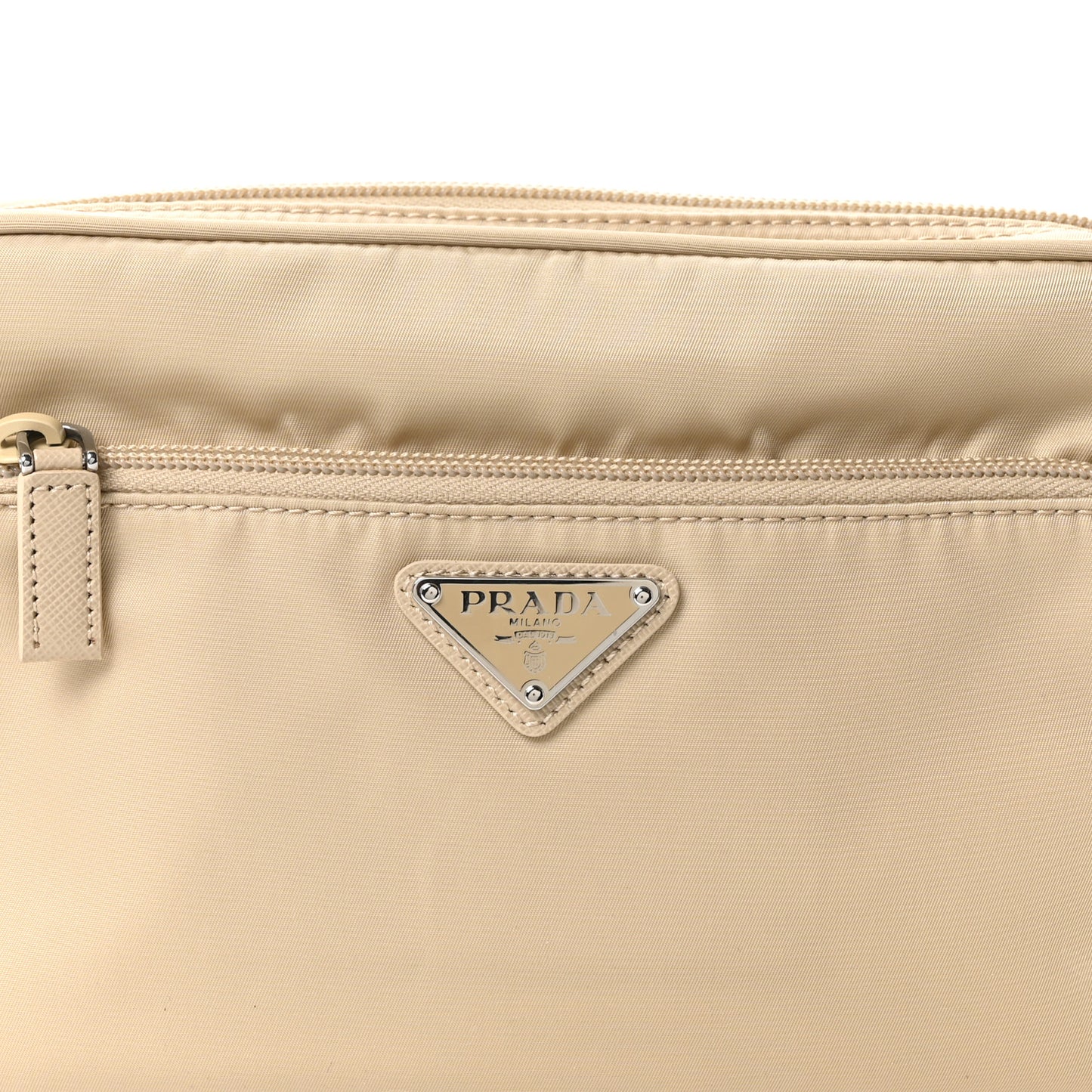 Re-Nylon Vela Saffiano Double Zip Shoulder Bag Beige