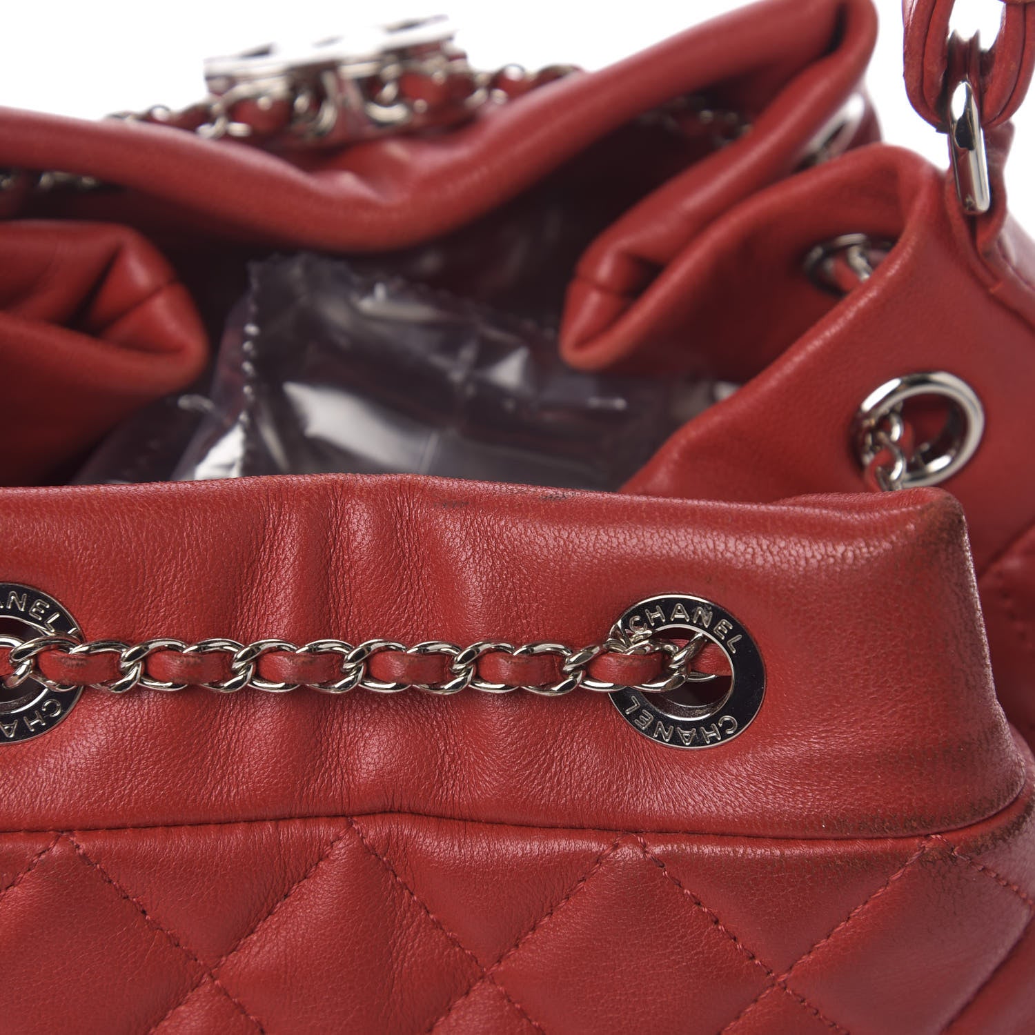 Chanel Lambskin Quilted Small CC Chain Drawstring Bucket Bag Red 10 of 15