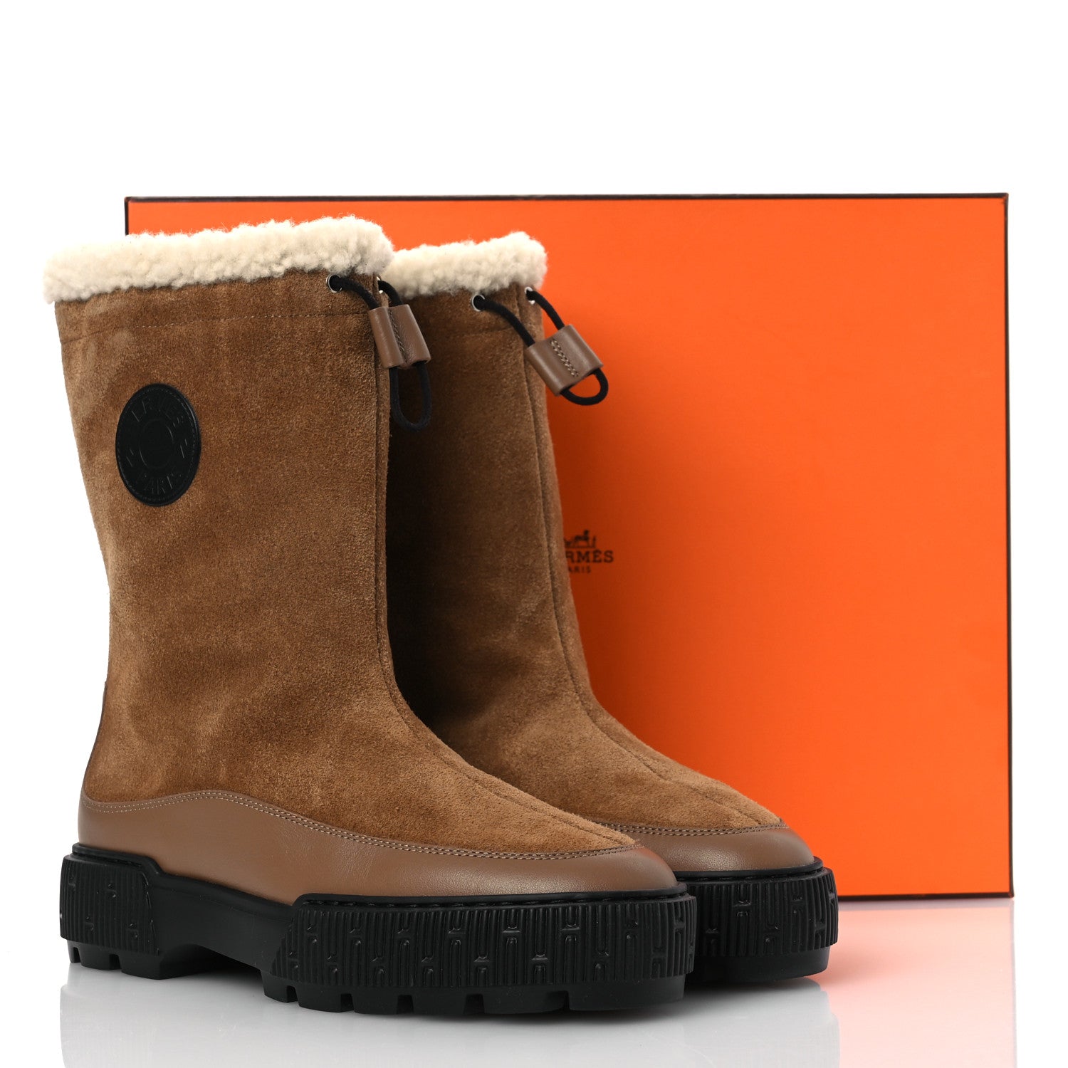 Hermes Suede Shearling Calfskin Womens Journey Ankle Boots 37 Brun Fumé Ecru 10 of 10