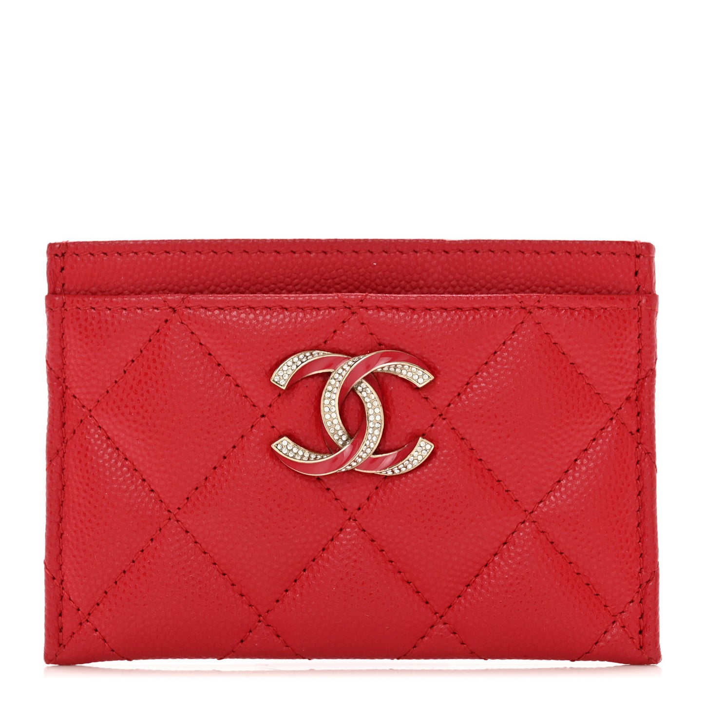 Caviar Quilted Crystal Enamel CC Card Holder Red