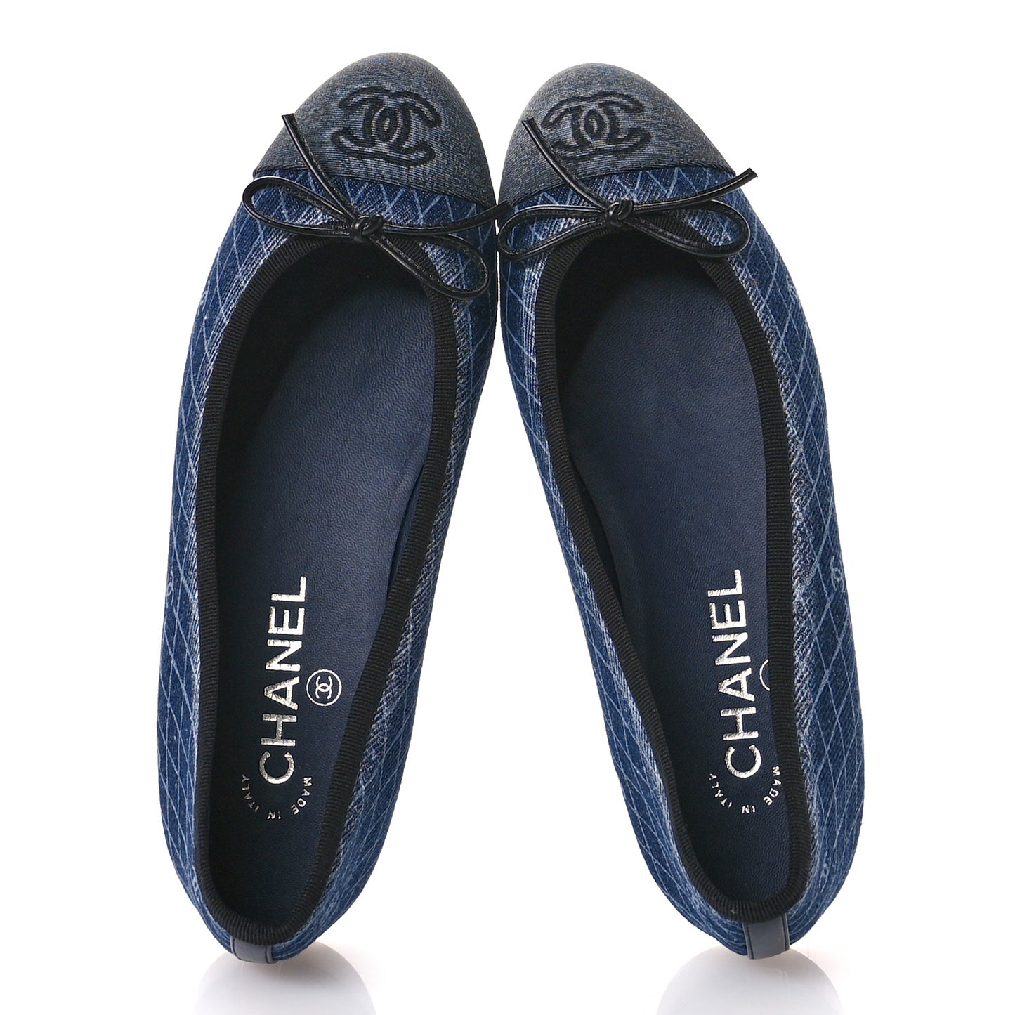 Denim Printed Quilt CC Cap Toe Ballerina Flats 37 Navy Blue Dark Grey