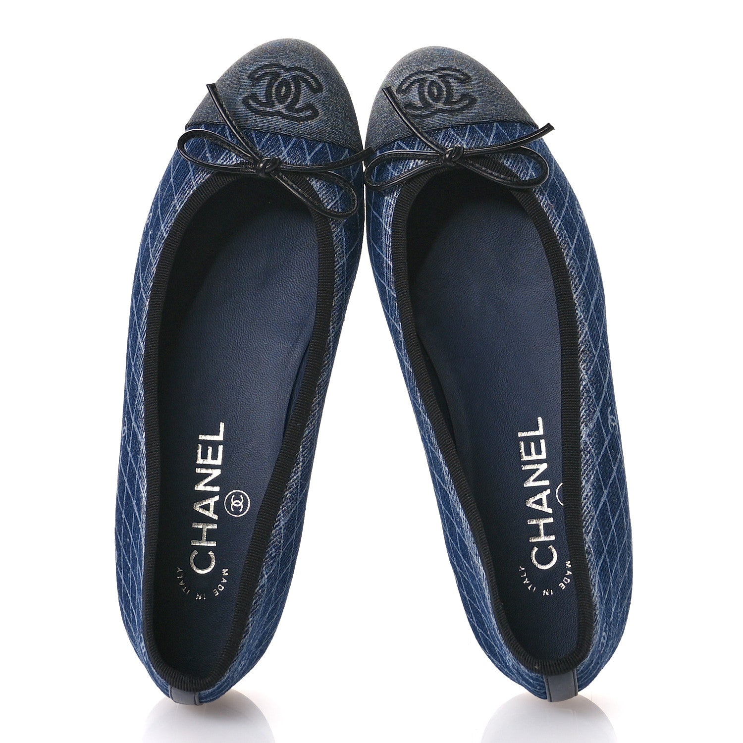 Chanel Denim Printed Quilt CC Cap Toe Ballerina Flats 37 Navy Blue Dark Grey 2 of 9