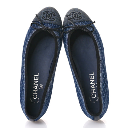Chanel Denim Printed Quilt CC Cap Toe Ballerina Flats 37 Navy Blue Dark Grey 2 of 9