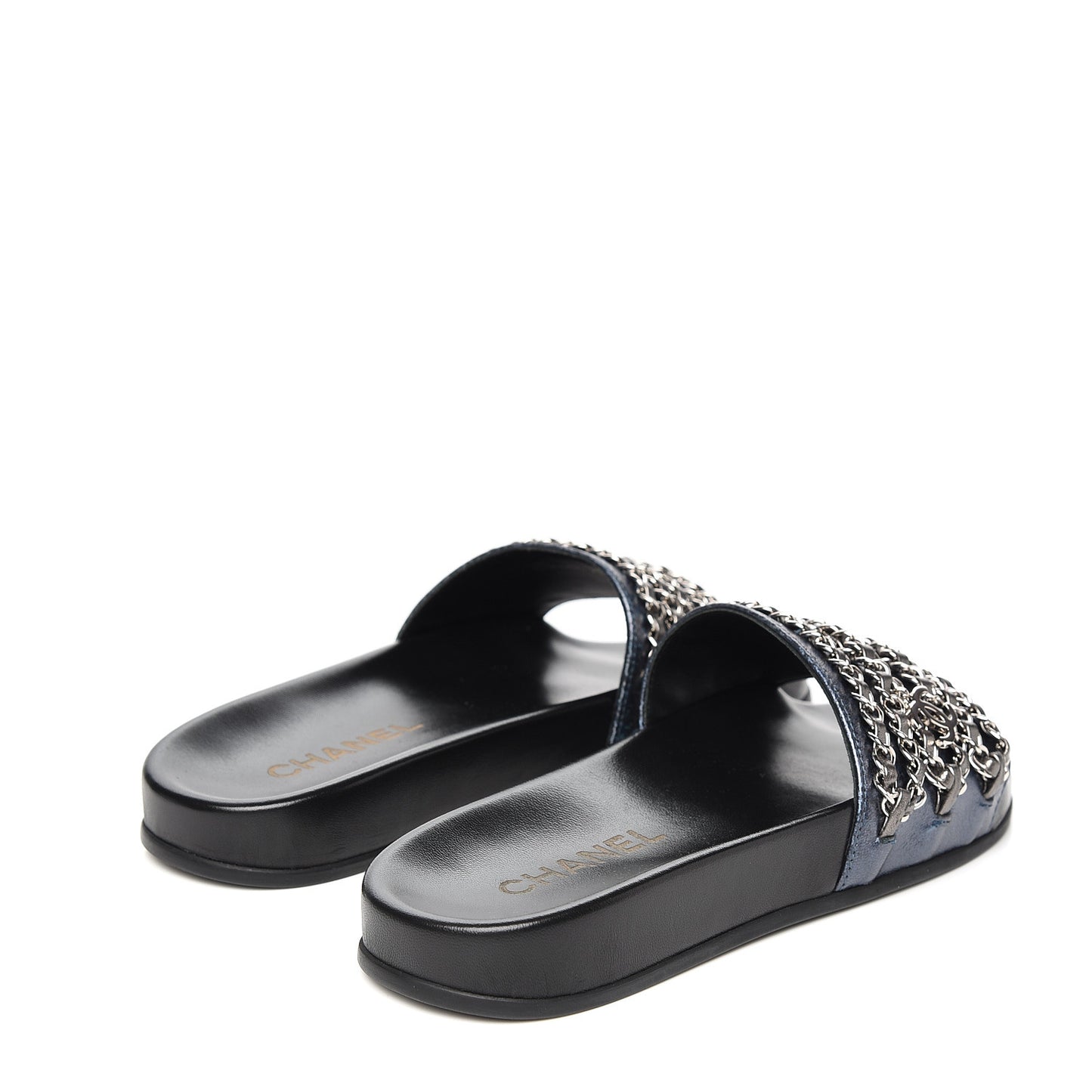 Metallic Lambskin Canvas Chain Flat Sandals 36 Dark Blue