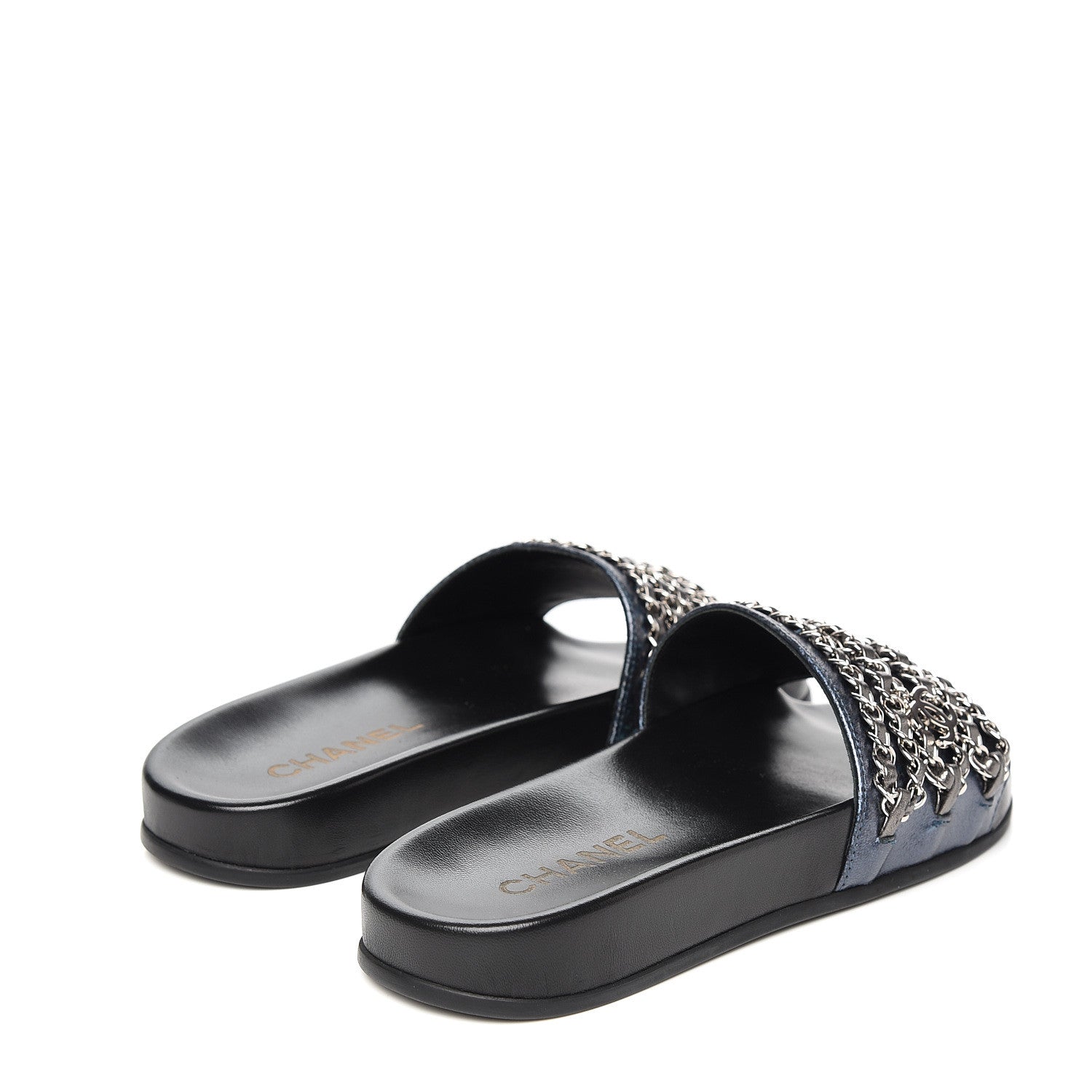 Chanel Metallic Lambskin Canvas Chain Flat Sandals 36 Dark Blue 4 of 9