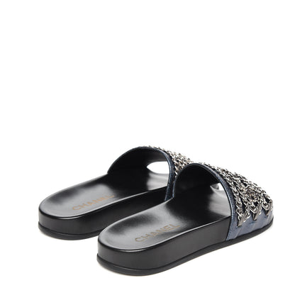 Chanel Metallic Lambskin Canvas Chain Flat Sandals 36 Dark Blue 4 of 9