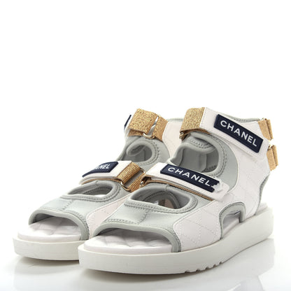 Chanel Goatskin Fabric Gladiator Sandals 37 White Light Grey Navy Blue 3 of 11