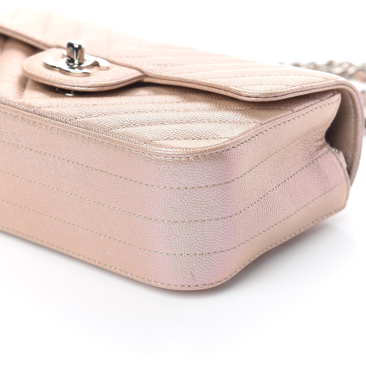 Iridescent Caviar Chevron Quilted Mini Rectangular Flap Light Gold