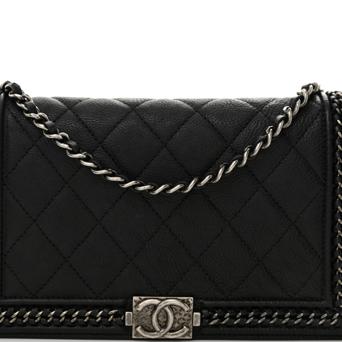 Calfskin Quilted Chain Around Boy Wallet On Removable Chain WOC Black