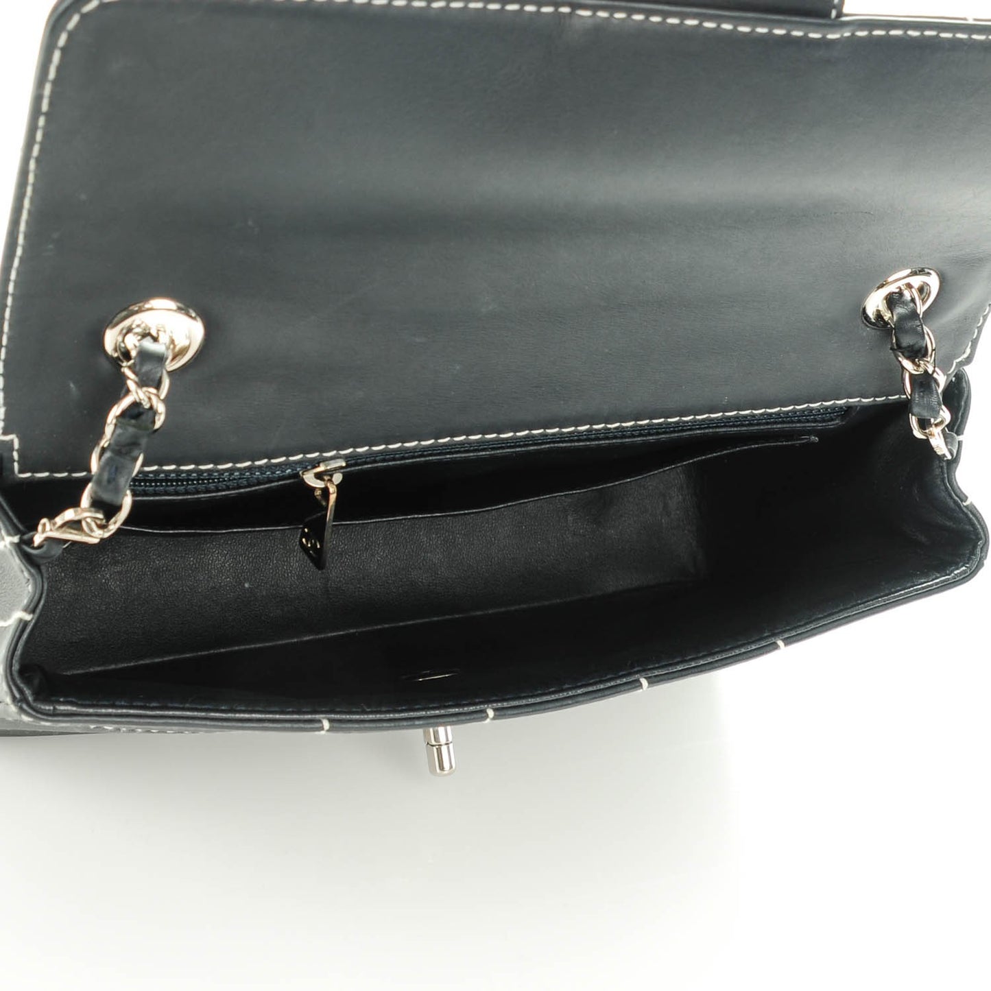 Calfskin Contrast Stitched Medium Single Flap Navy Blue