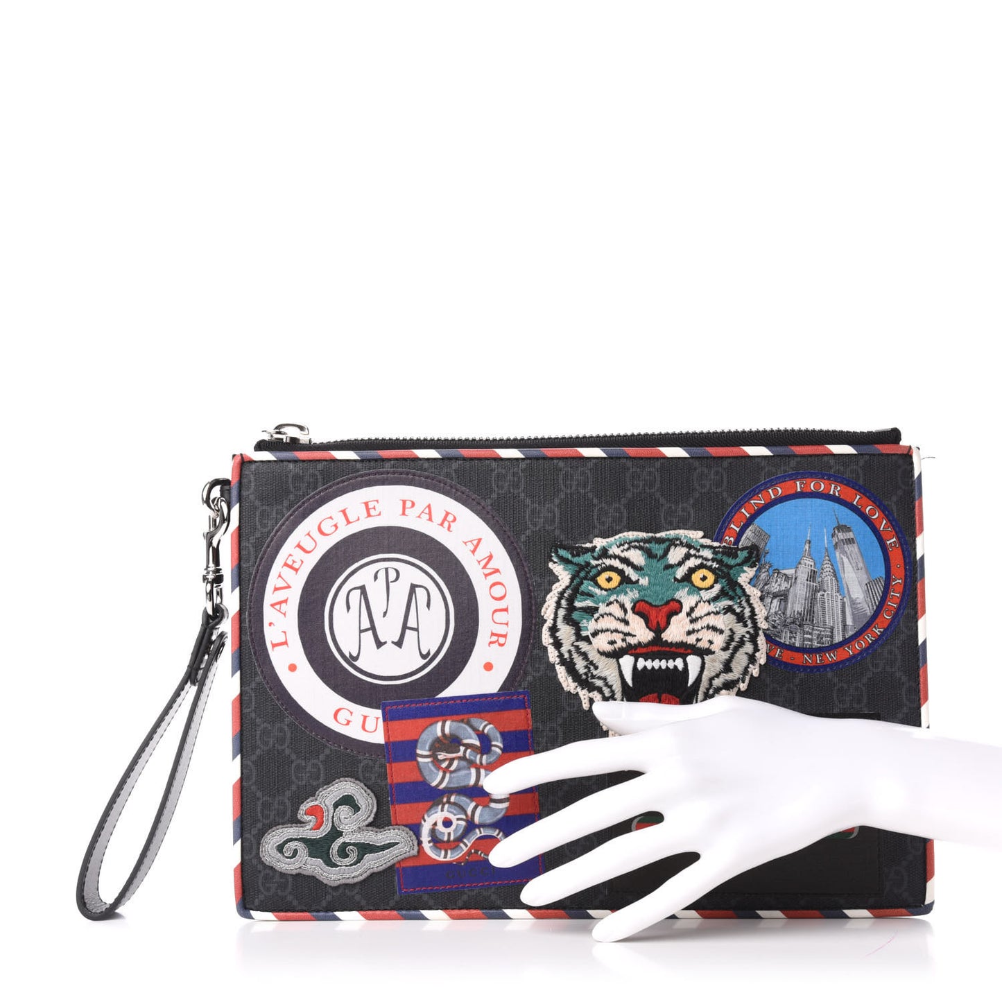 GG Supreme Monogram Night Courrier Zip Wristlet Pouch Black Multicolor