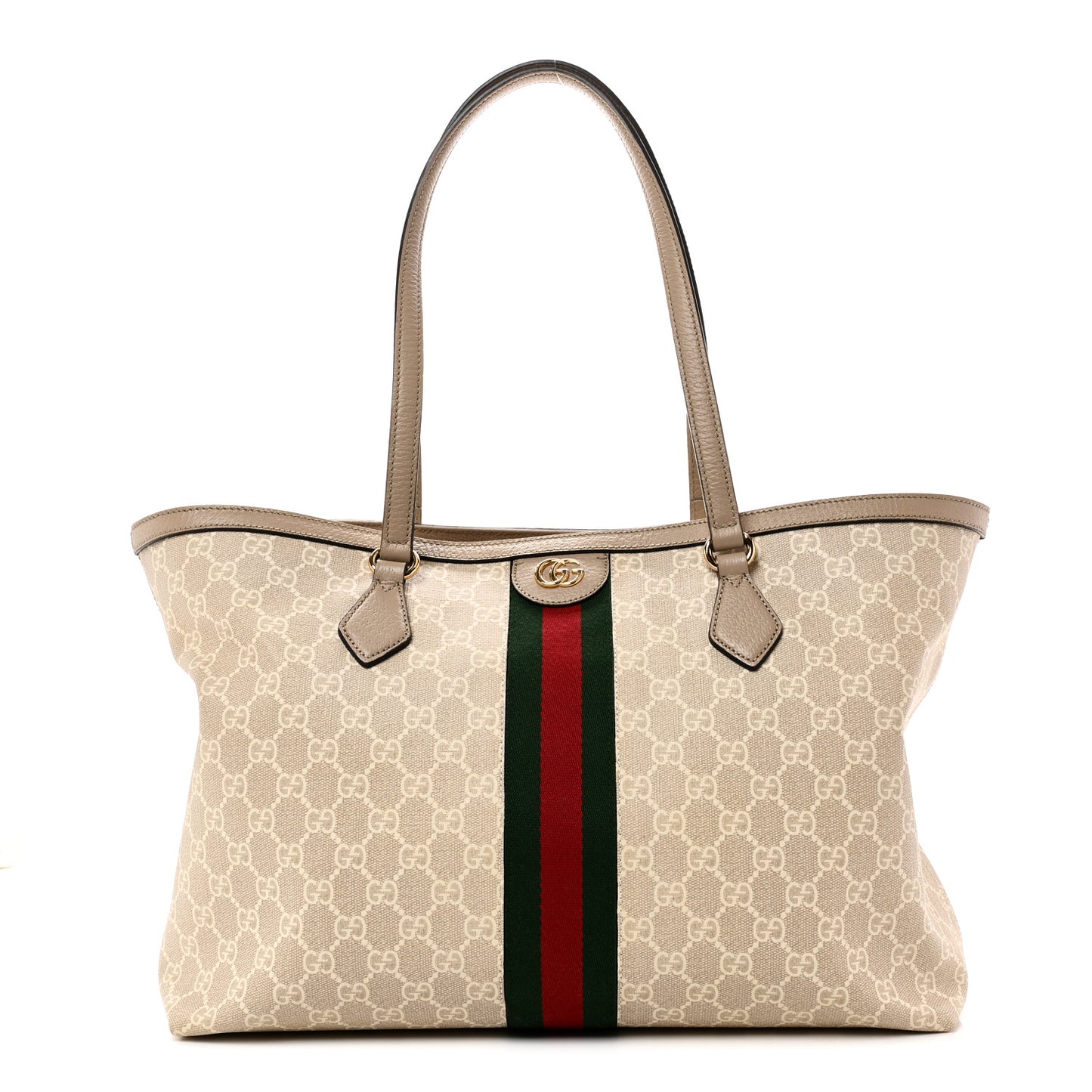 GG Supreme Monogram Textured Dollar Calfskin Web Medium Ophidia Shopping Tote Beige Mystic White Oatmeal