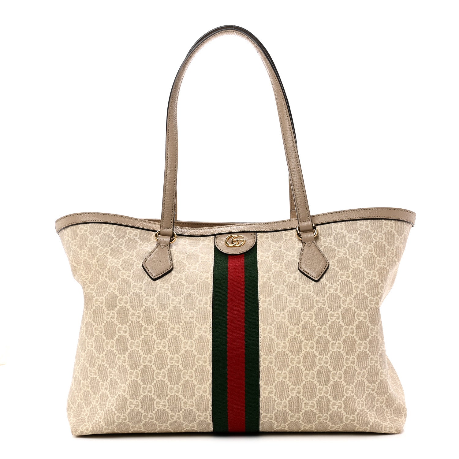 Gucci GG Supreme Monogram Textured Dollar Calfskin Web Medium Ophidia Shopping Tote Beige Mystic White Oatmeal 1 of 10