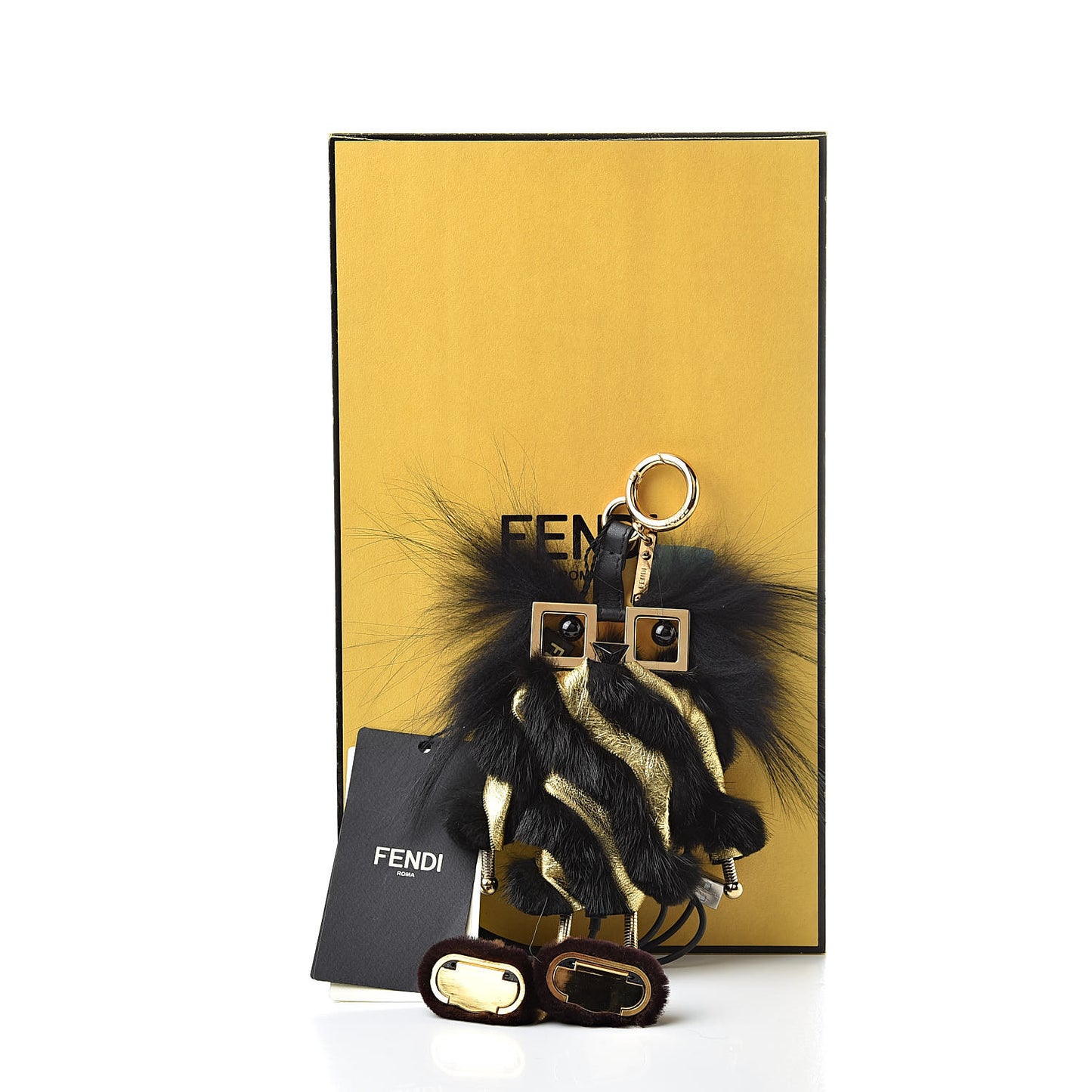 Metallic Calfskin Mink Fox Fur Hypnoteyes Witches USB Power Bank Bag Charm Black Gold