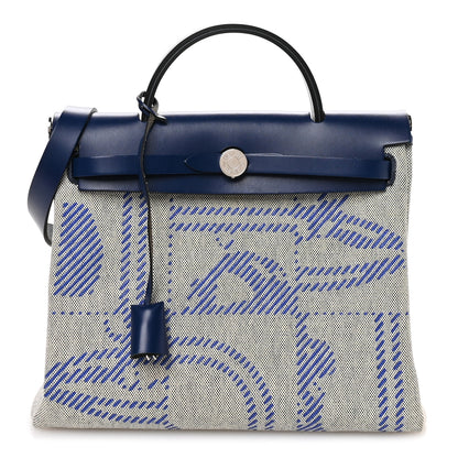 Hermes Vache Hunter Toile H Brides de Gala Herbag Zip Retourne 31 PM Bleu De France Ecru Black Bleu Saphir 1 of 12