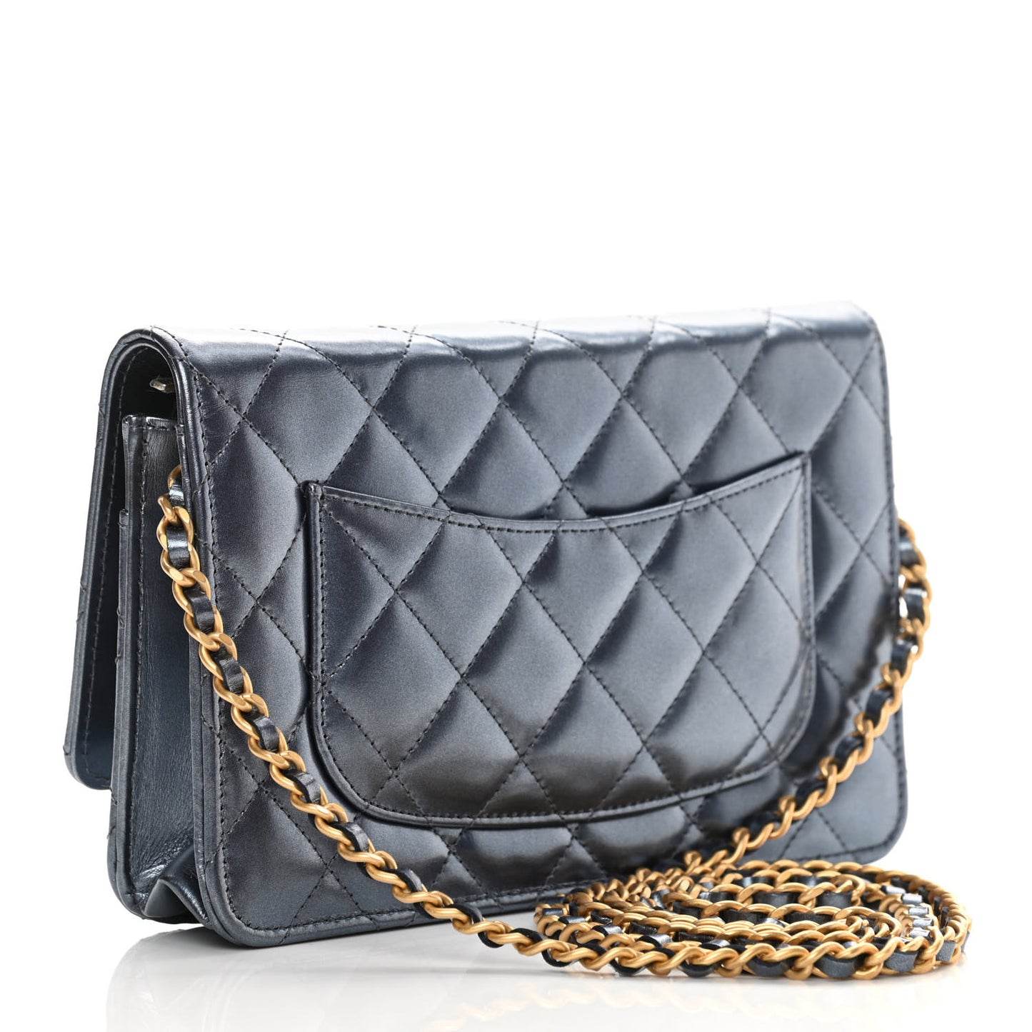 Metallic Lambskin Wallet On Chain WOC Blue