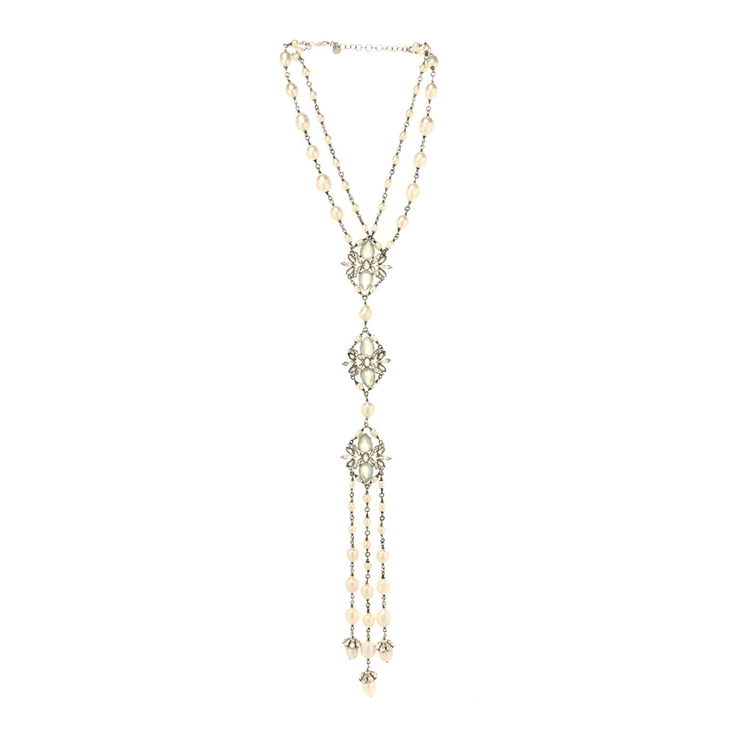 Crystal Gripoix Flower Pearl Multi Strand Necklace Blue Silver