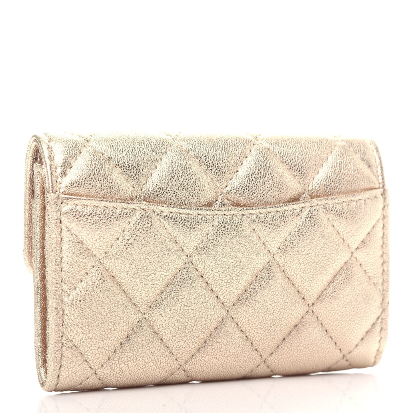 Metallic Lambskin Quilted Flap Card Holder Wallet Gold