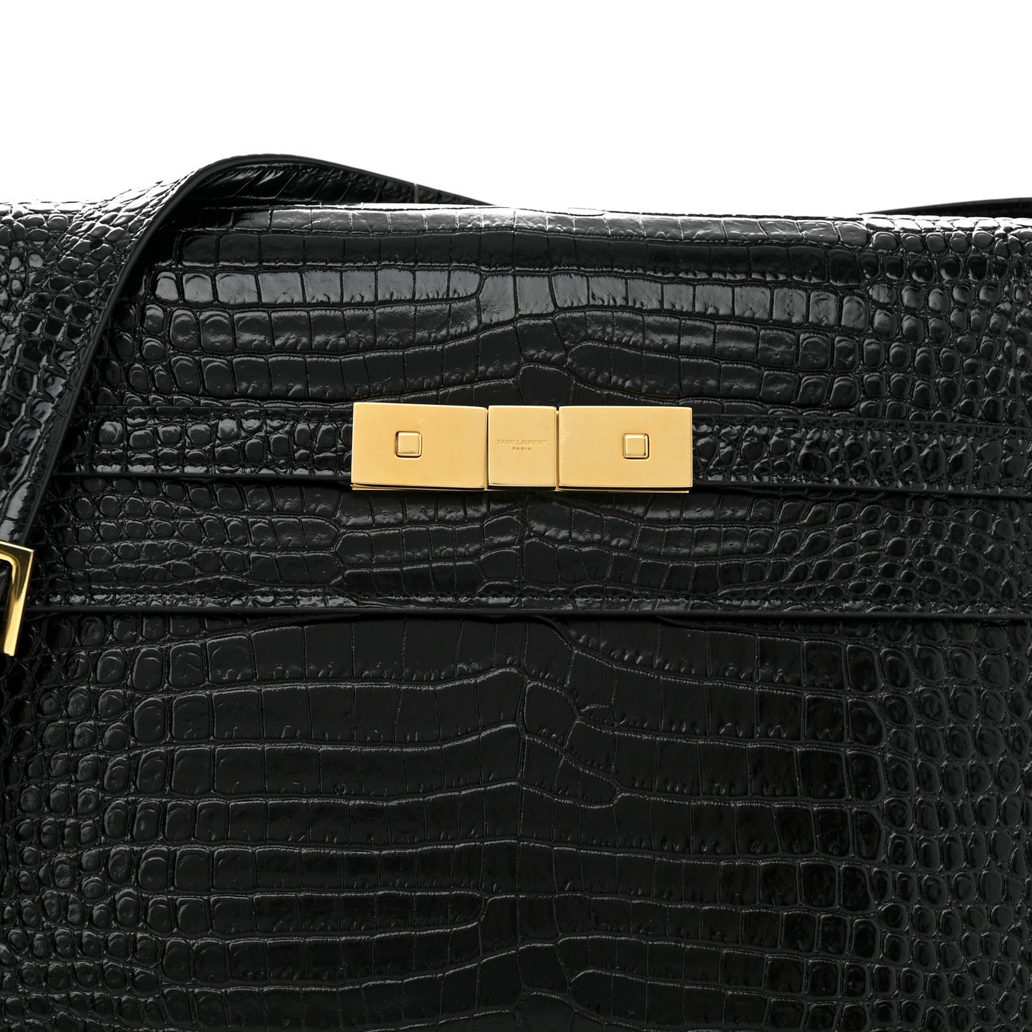 Shiny Calfskin Crocodile Embossed Manhattan Baguette Black