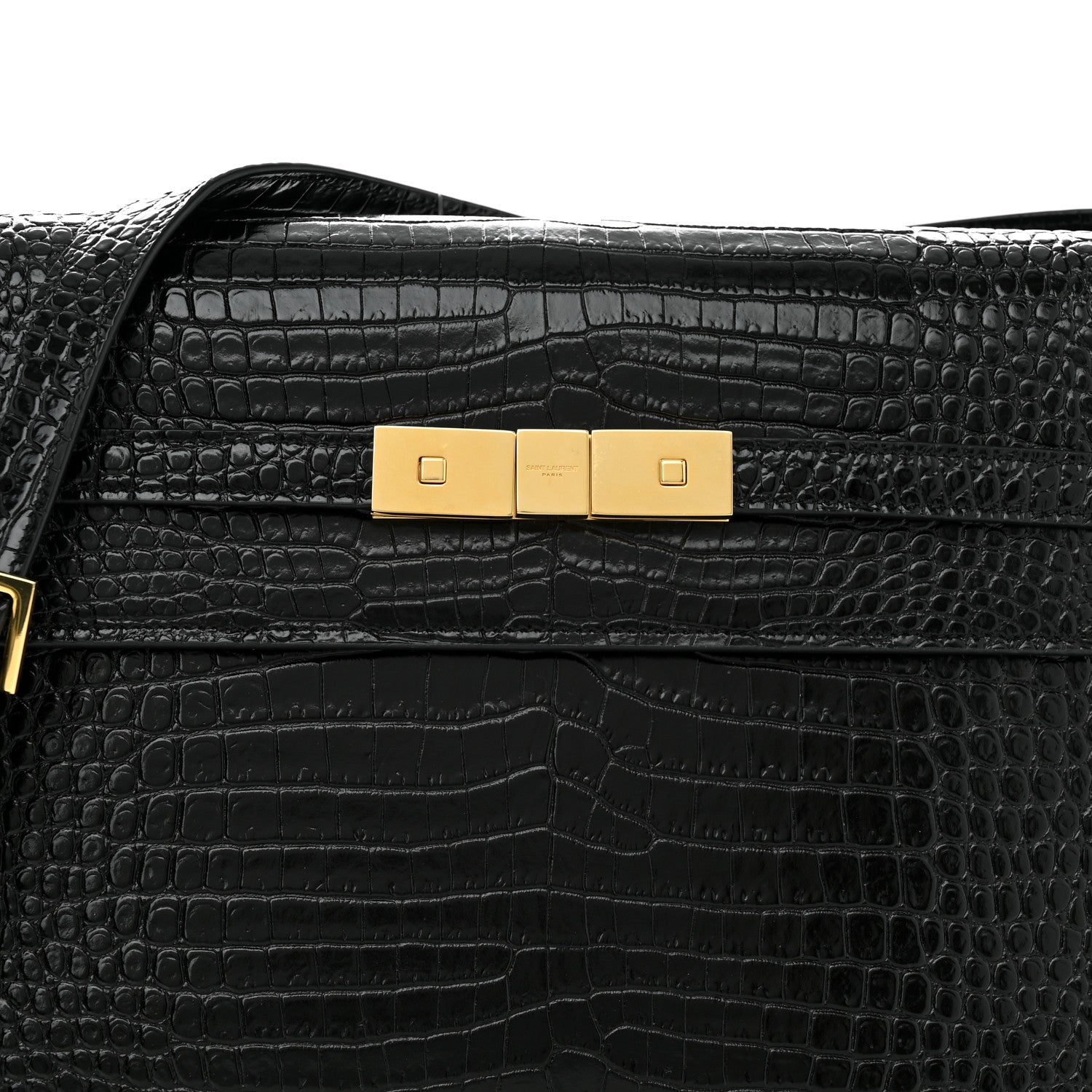 Saint Laurent Shiny Calfskin Crocodile Embossed Manhattan Baguette Black 8 of 12