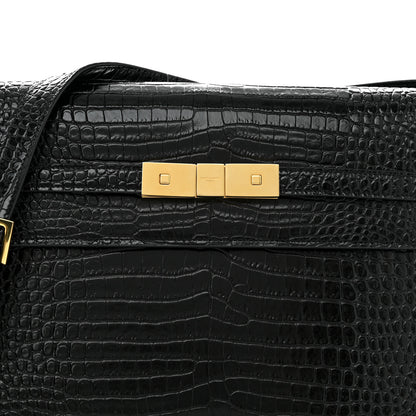 Saint Laurent Shiny Calfskin Crocodile Embossed Manhattan Baguette Black 8 of 12