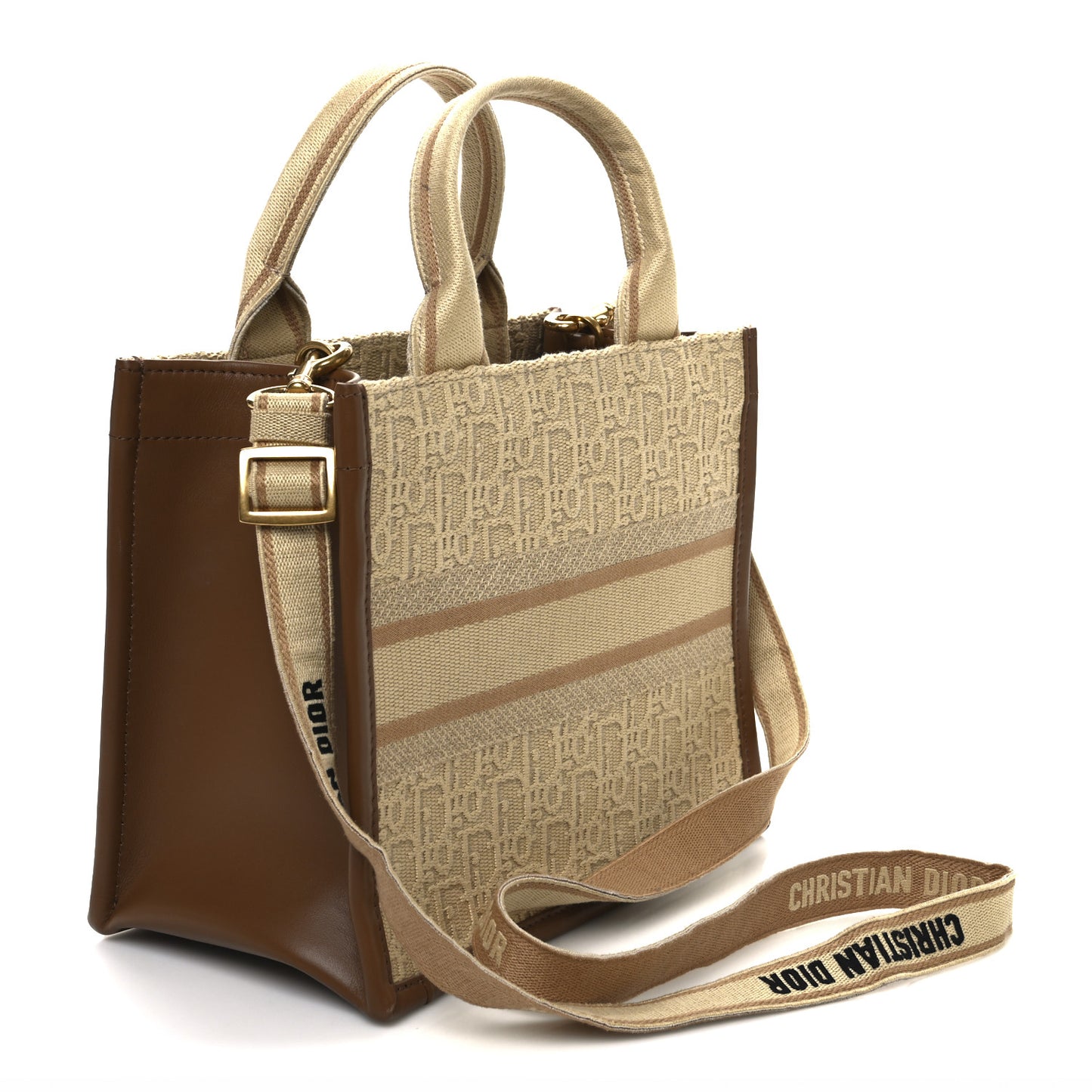 Raffia Calfskin Oblique Embroidered Small Book Tote Beige Camel