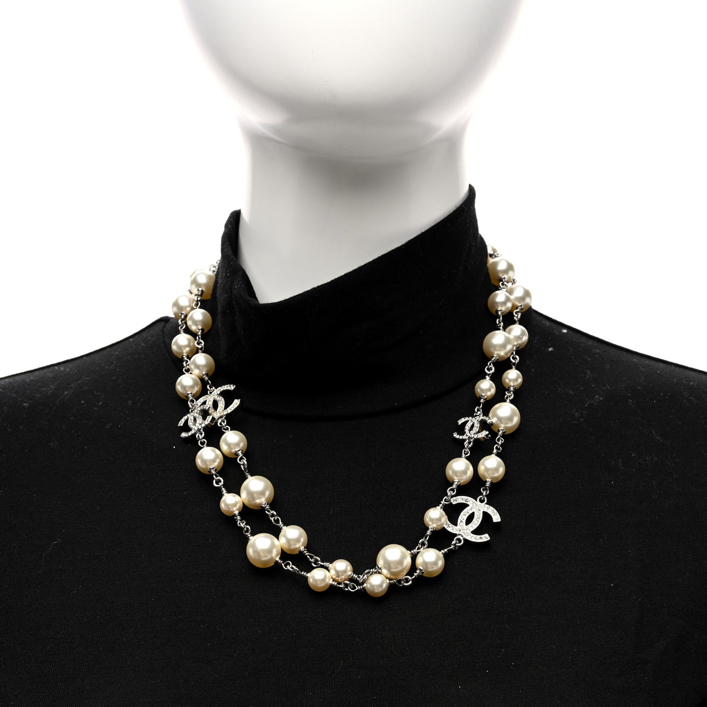 Crystal Pearl CC Long Necklace Silver