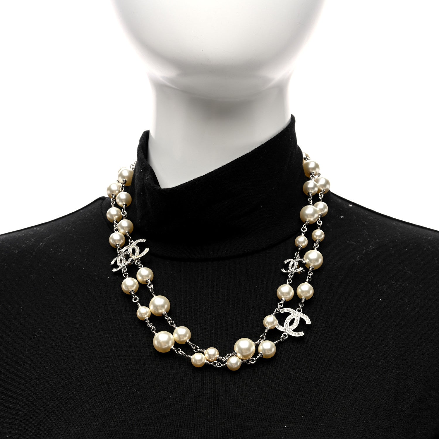 Chanel Crystal Pearl CC Long Necklace Silver 2 of 5
