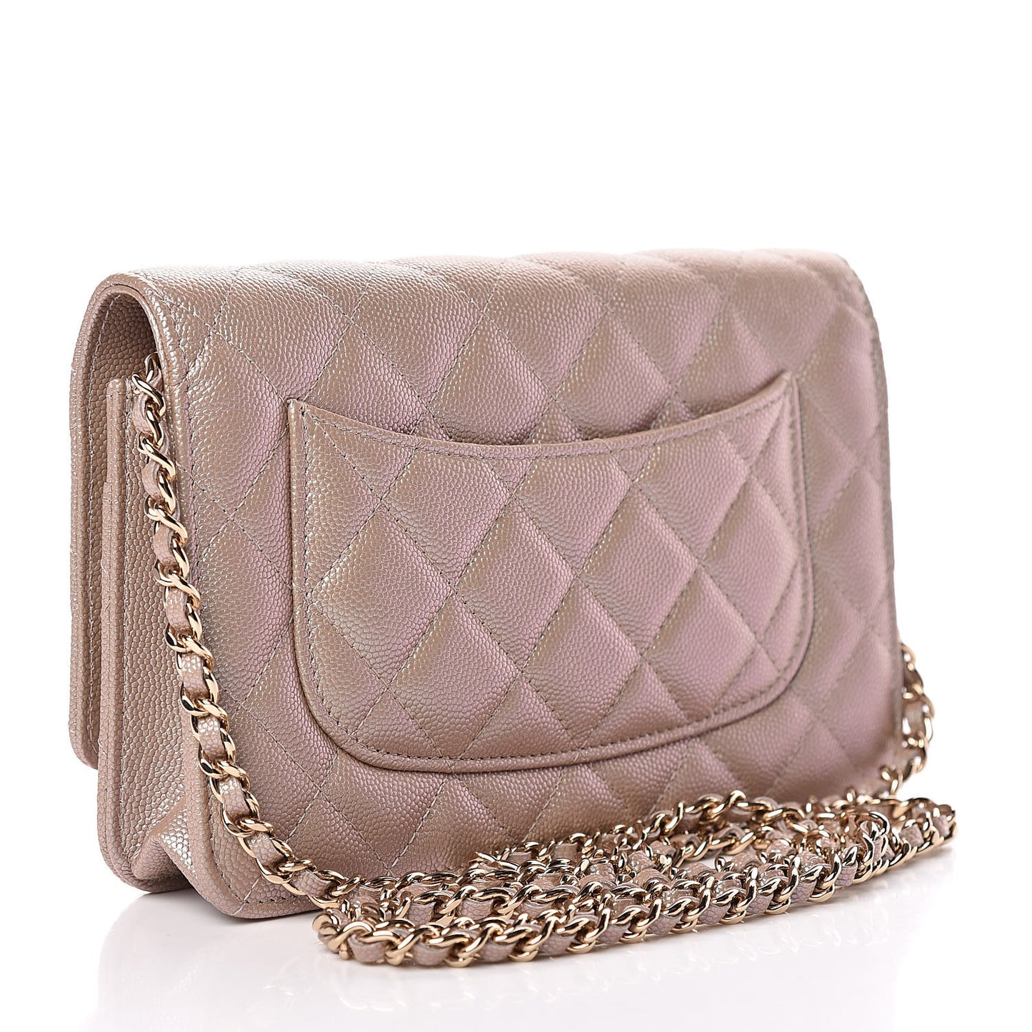 Iridescent Caviar Quilted Wallet On Chain WOC Beige