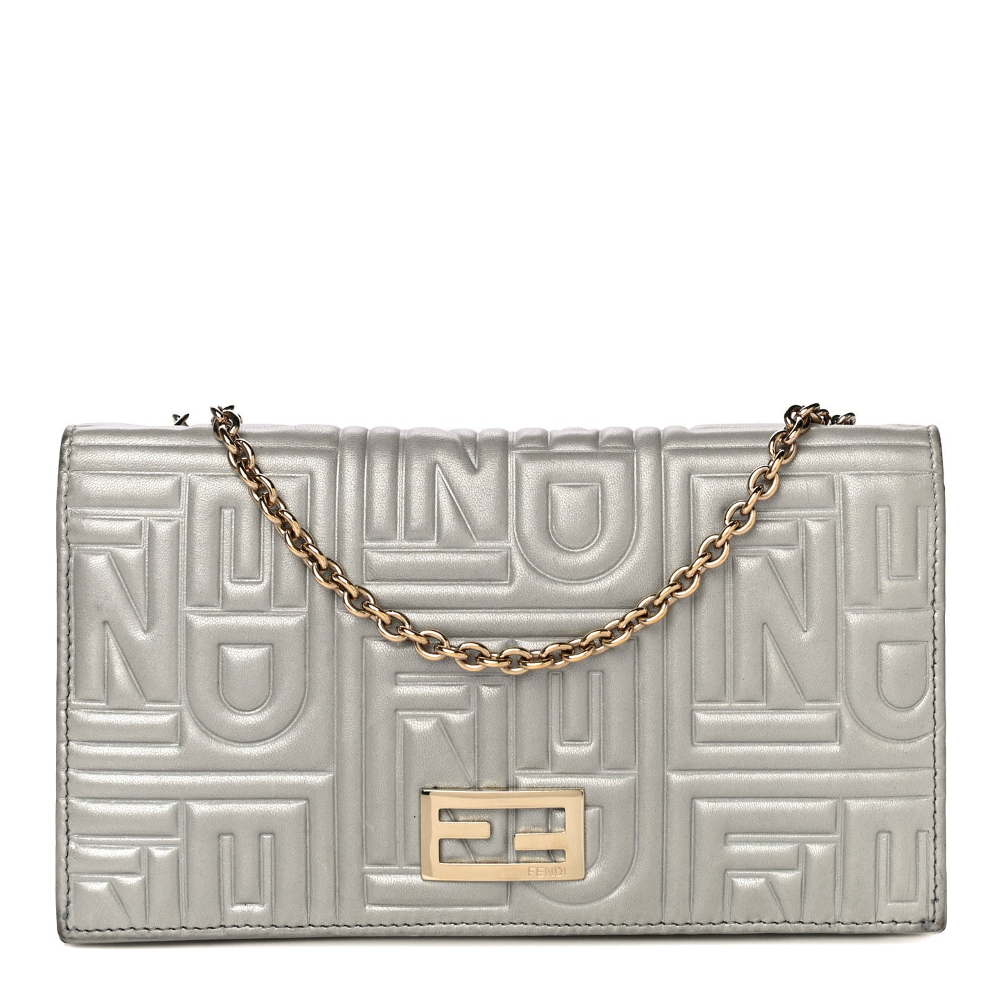 Metallic Nappa Logo Embossed Long Wallet On Chain Silver