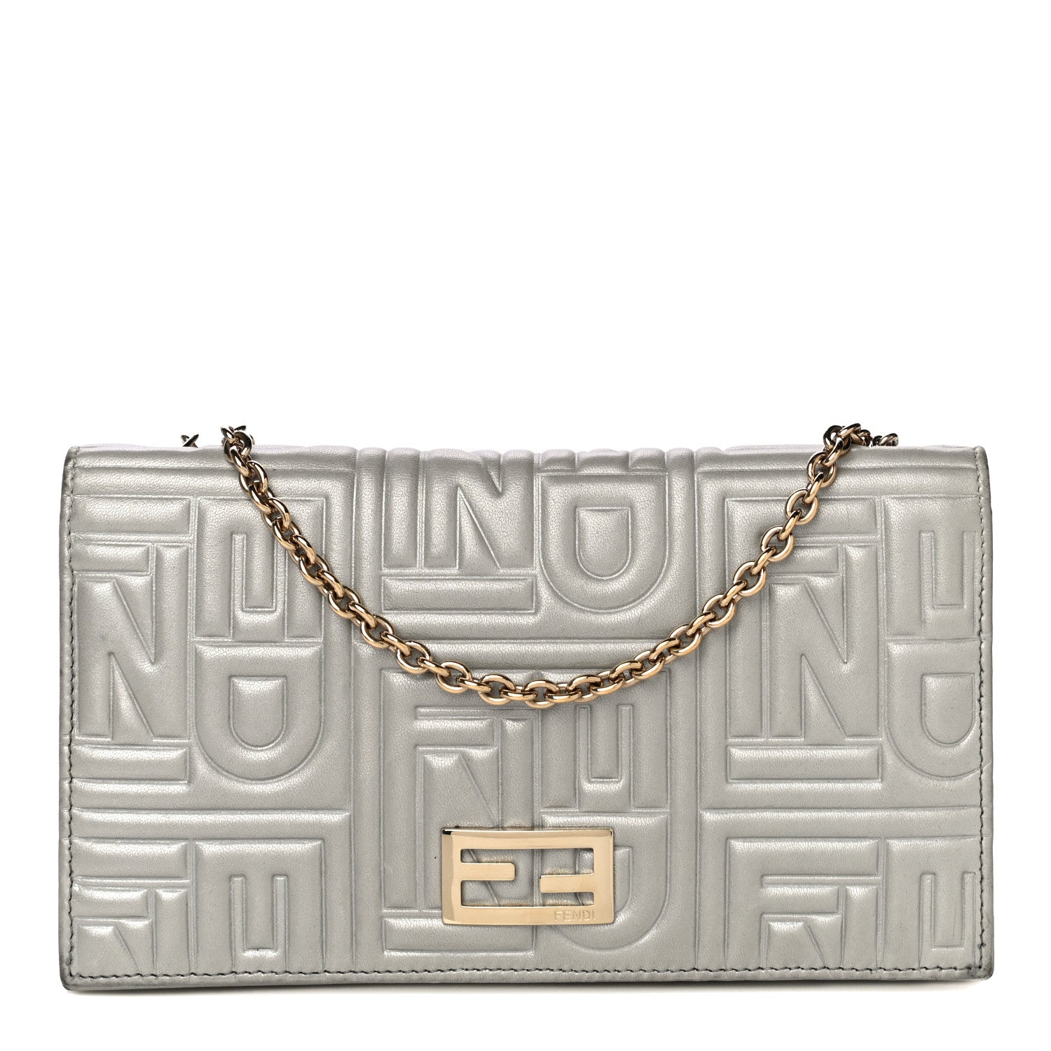 Fendi Metallic Nappa Logo Embossed Long Wallet On Chain Silver 1 of 26
