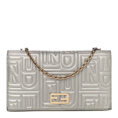 Fendi Metallic Nappa Logo Embossed Long Wallet On Chain Silver 1 of 26