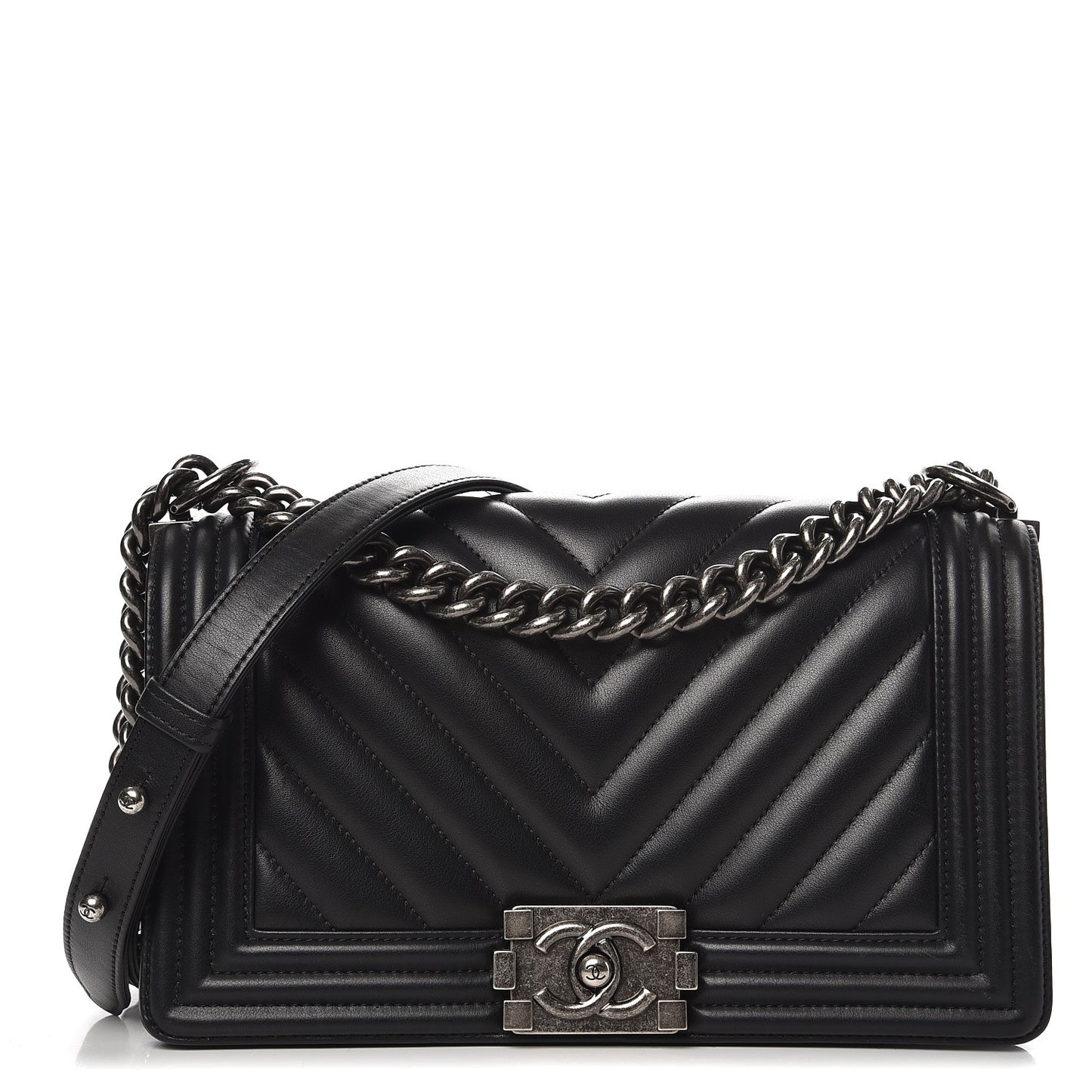 Calfskin Chevron Quilted Medium Boy Flap Black