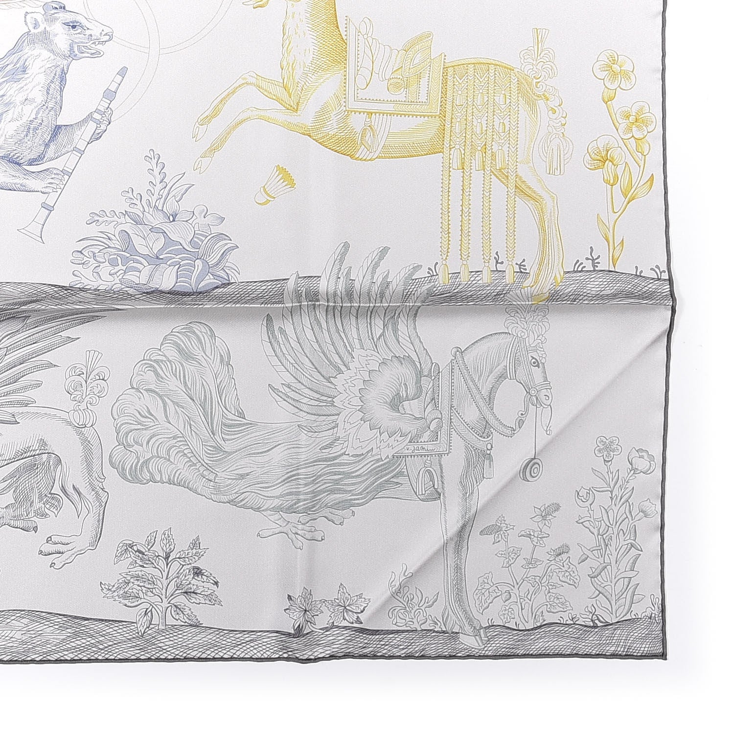 Hermes Silk Della Cavalleria Favolosa Reversible Scarf 90 Gris Argente Jaune Etoupe 2 of 6