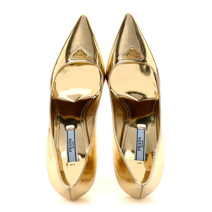 Prada Spazzolato Metal Triangle Logo Pointed Toe 85mm Pumps 37 Platino 2 of 9