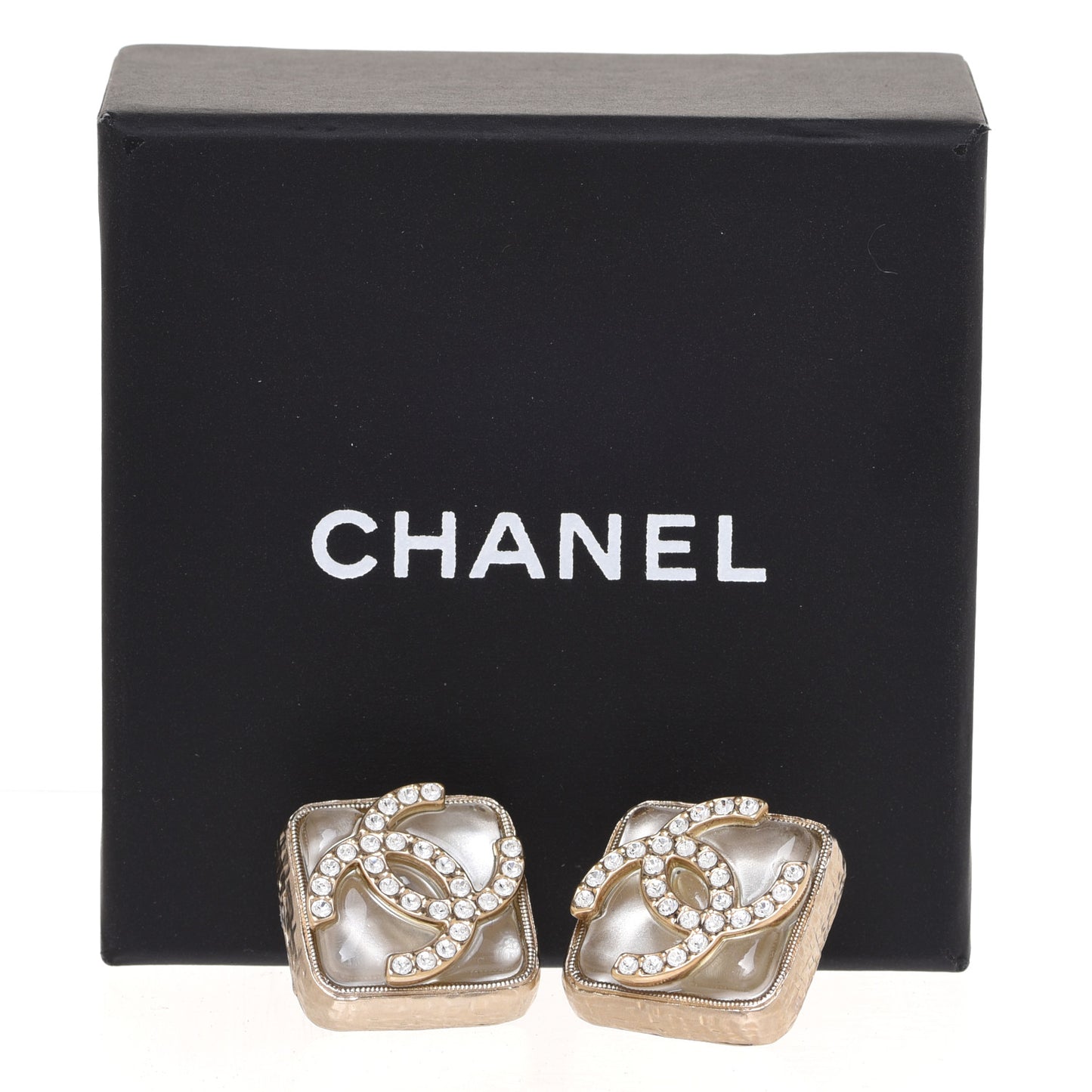 Pearl Crystal CC Square Earrings Gold