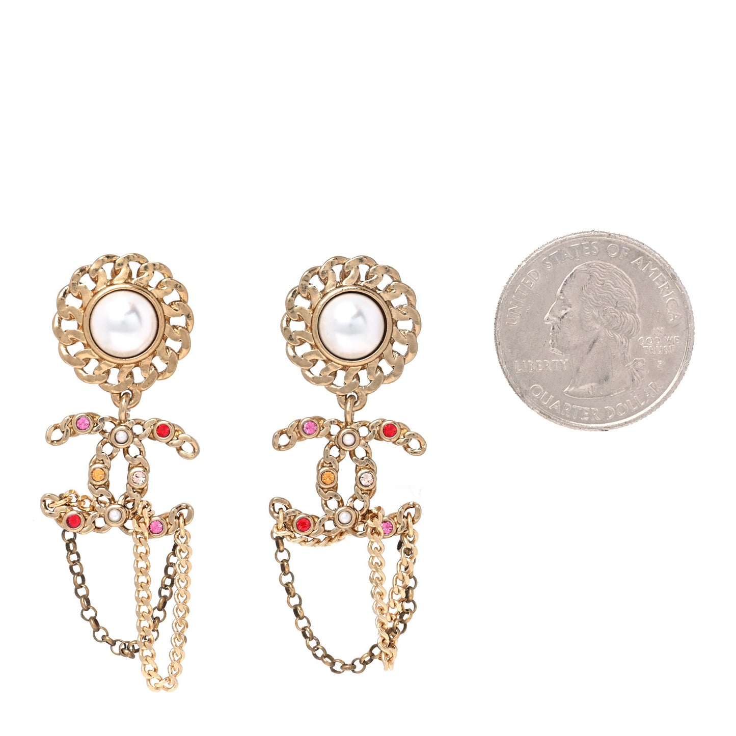 Pearl Crystal Chain Link CC Drop Earrings Gold Red Pink Yellow