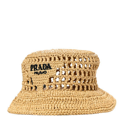 Prada Yarn Raffia Effect Crochet Logo Embroidered Womens Bucket Hat M Naturale 1 of 5