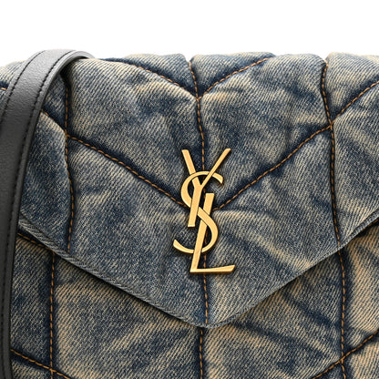 Saint Laurent Denim Quilted Toy Loulou Puffer Monogram Chain Satchel Blue Black 7 of 9