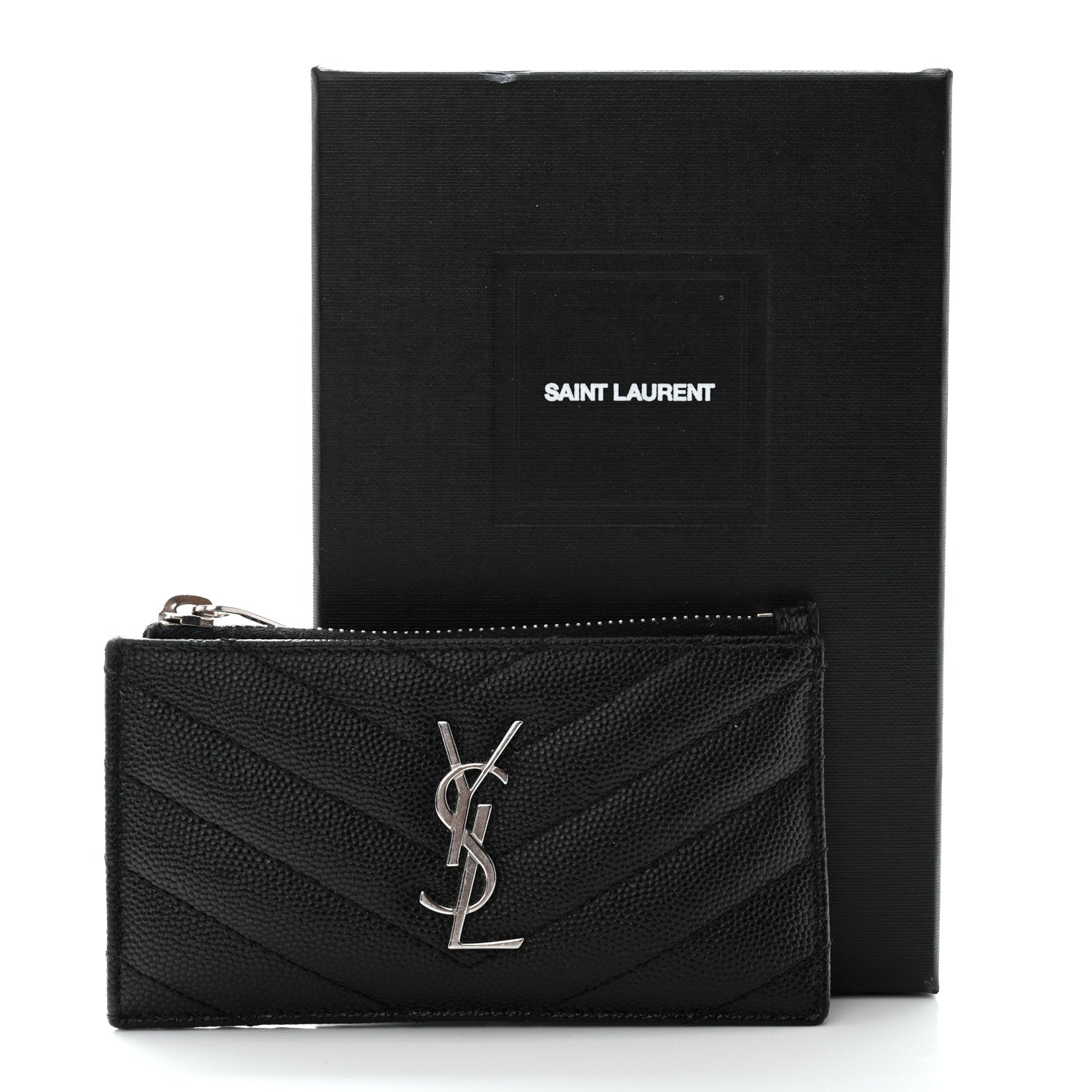 Saint Laurent Grain De Poudre Matelasse Chevron Monogram Fragments Zippered Card Case Black 7 of 7