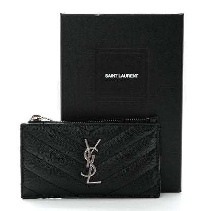 Saint Laurent Grain De Poudre Matelasse Chevron Monogram Fragments Zippered Card Case Black 7 of 7