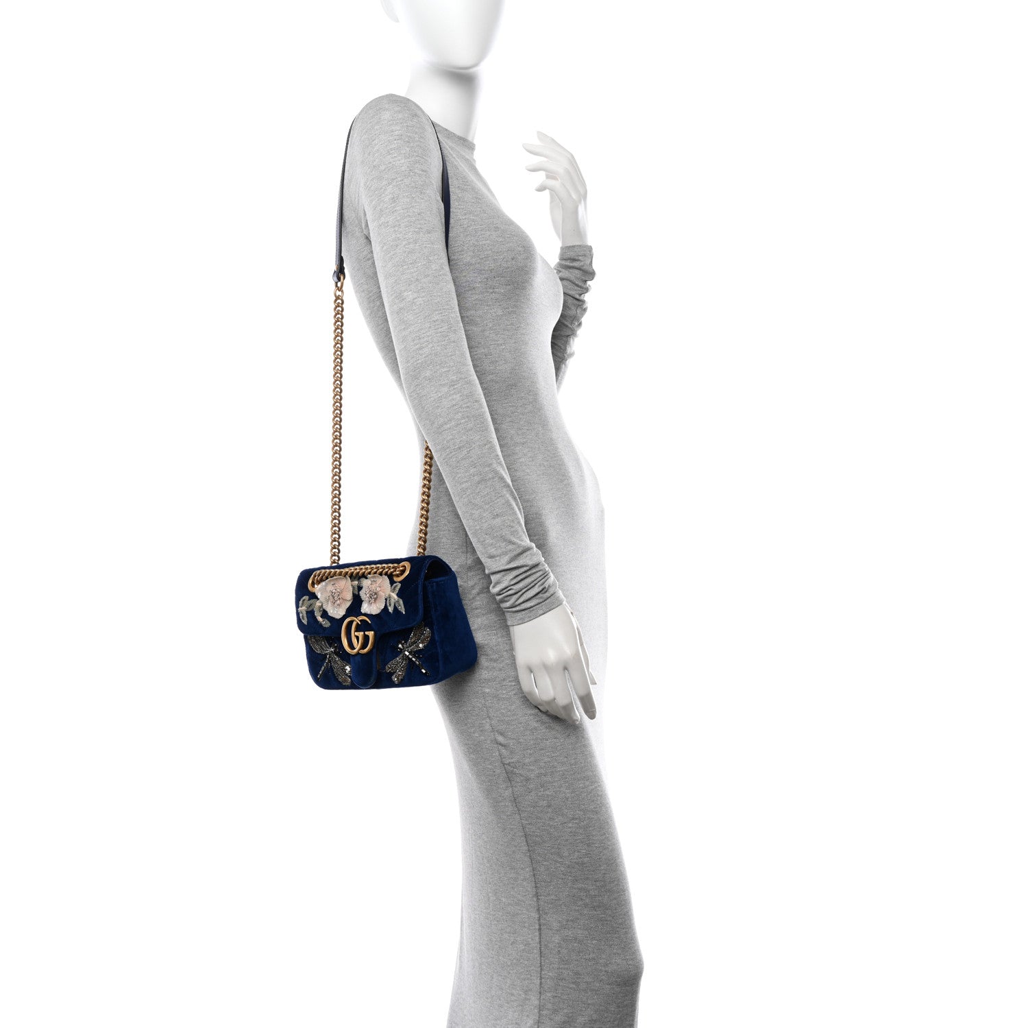 Gucci Velvet Matelasse Embroidered Mini GG Marmont Shoulder Bag Cobalt Blue 2 of 12