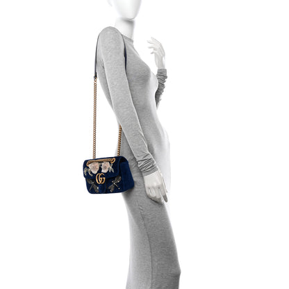 Gucci Velvet Matelasse Embroidered Mini GG Marmont Shoulder Bag Cobalt Blue 2 of 12